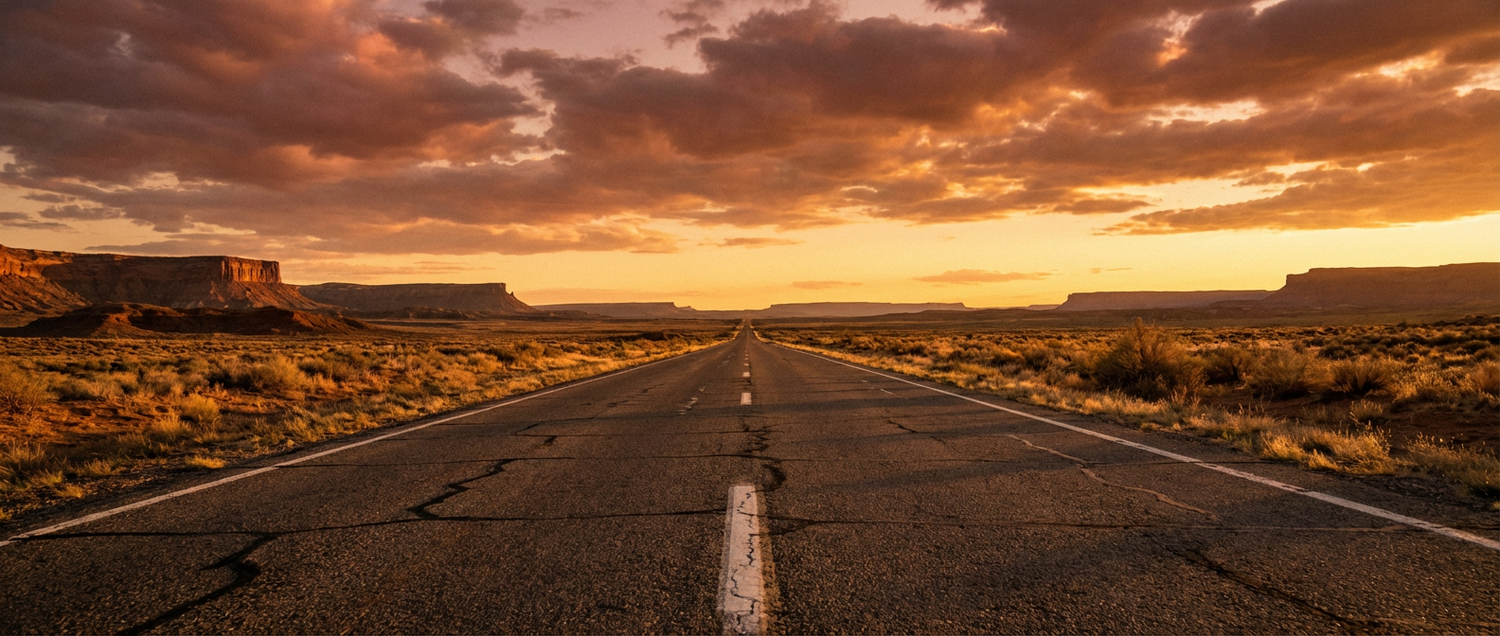 Desert highway at sunset